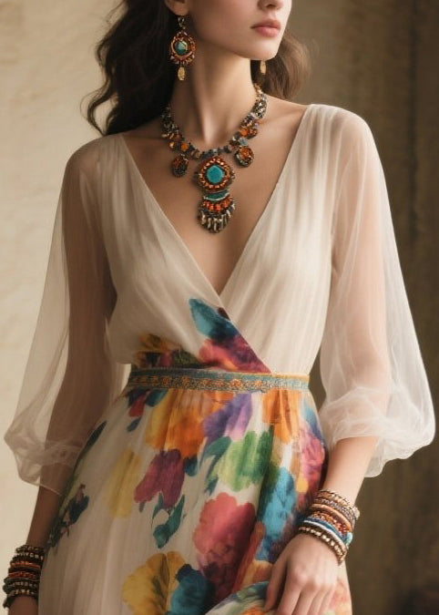 Style White Print Side Open Tulle Long Dresses Summer