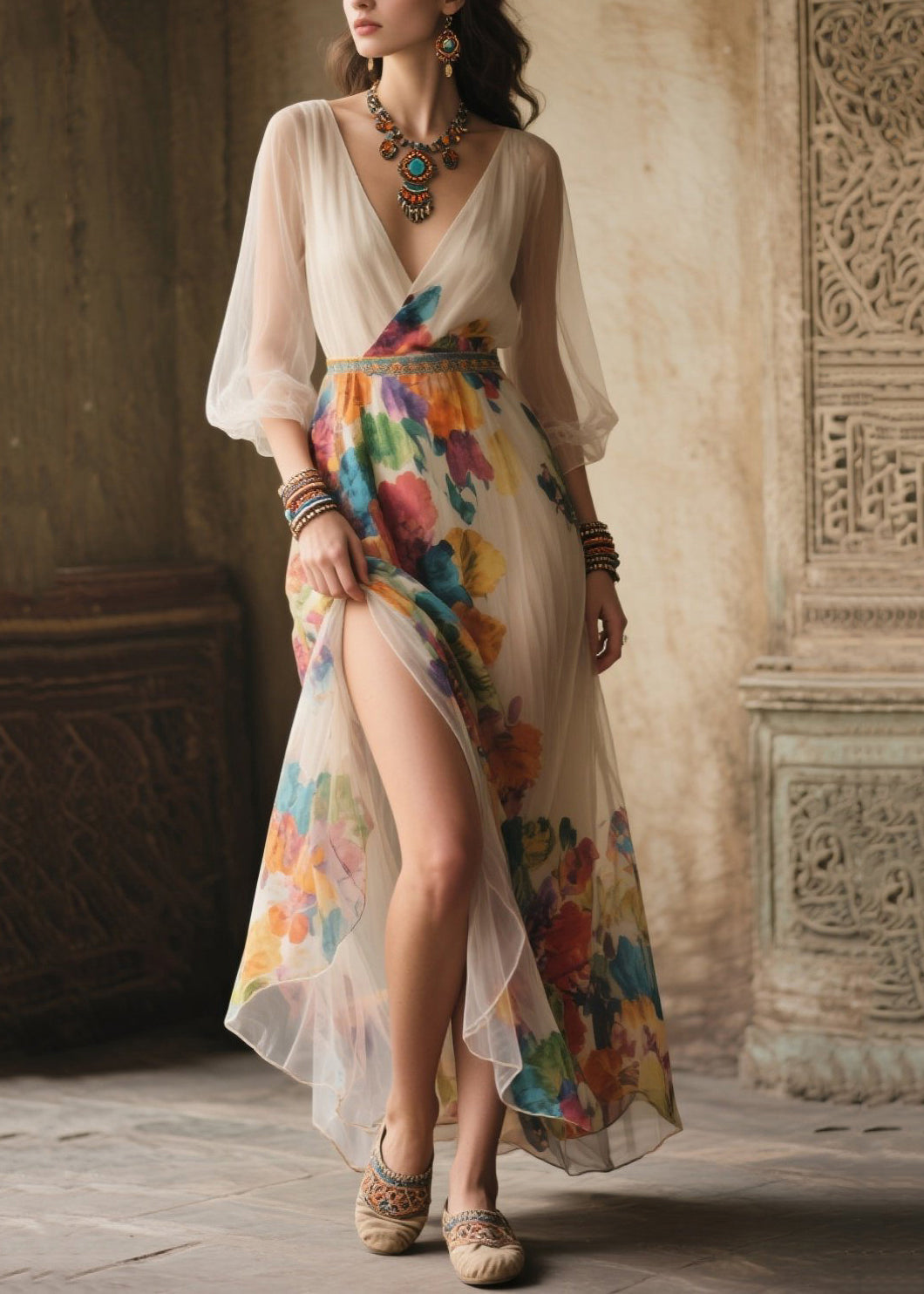 Style White Print Side Open Tulle Long Dresses Summer