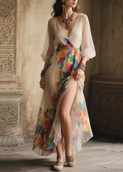 Style White Print Side Open Tulle Long Dresses Summer