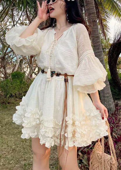 Style White Ruffled Cotton Tea Dress Lantern Sleeve