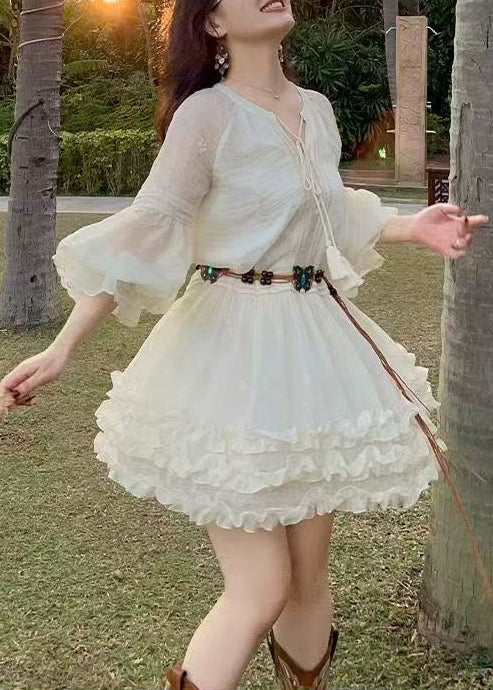 Style White Ruffled Cotton Tea Dress Lantern Sleeve