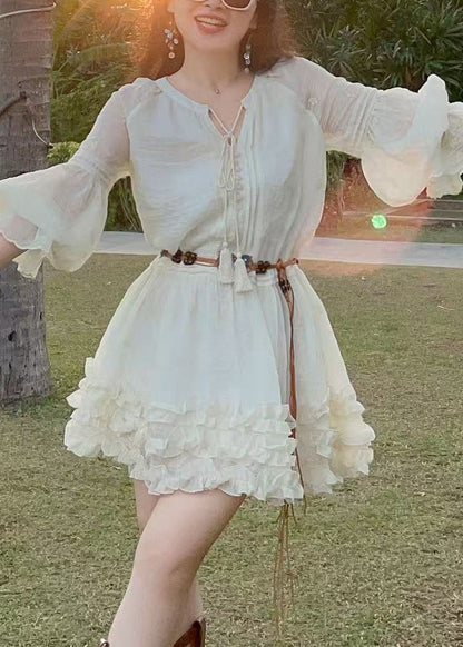 Style White Ruffled Cotton Tea Dress Lantern Sleeve