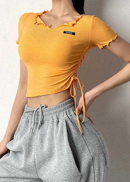 Style White Ruffled Drawstring Short Sleeve Crop Top Workout