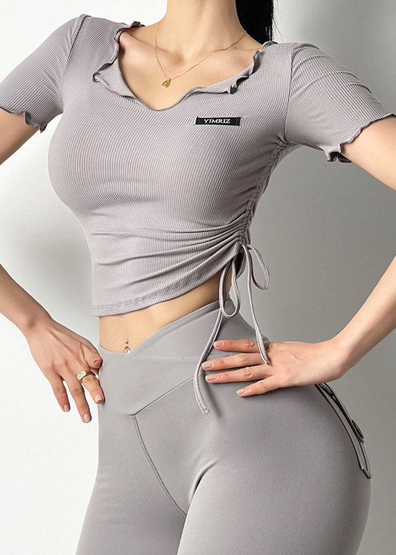 Style White Ruffled Drawstring Short Sleeve Crop Top Workout