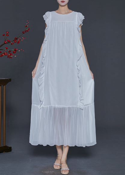 Style White Ruffled Tie Waist Chiffon Holiday Dress Sleeveless
