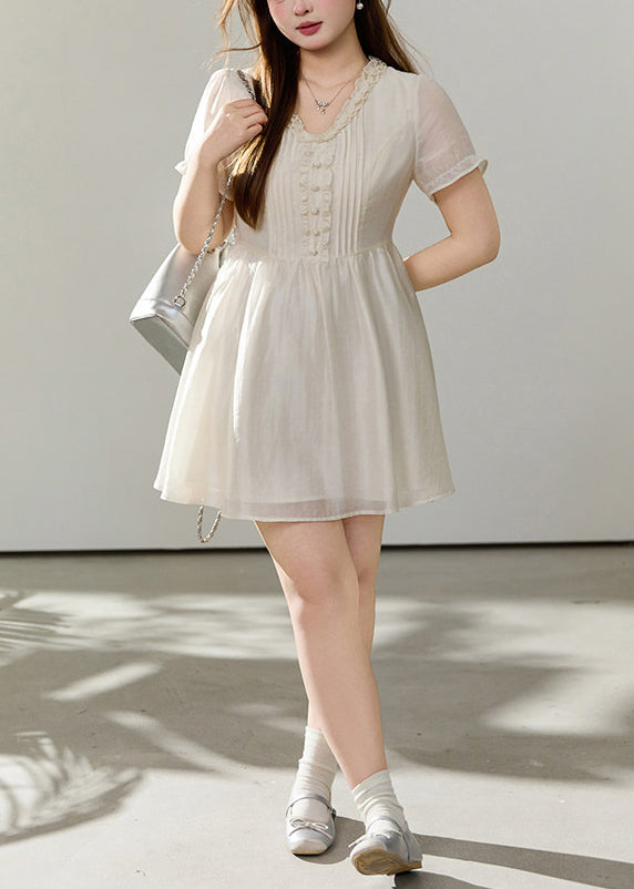 Style White Ruffled Tie Waist Silk Day Dress Summer