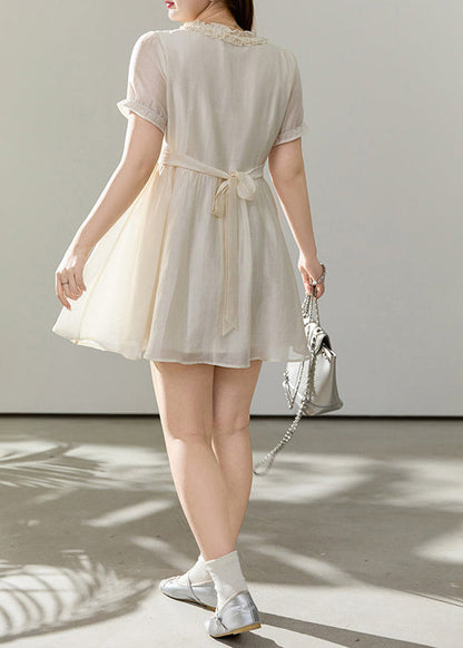 Style White Ruffled Tie Waist Silk Day Dress Summer