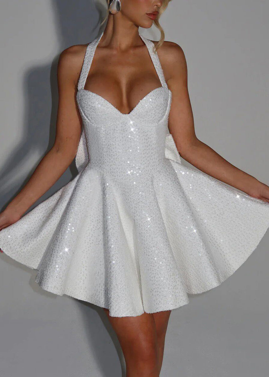 Style White Sequins Bow Mid Dress Sleeveless