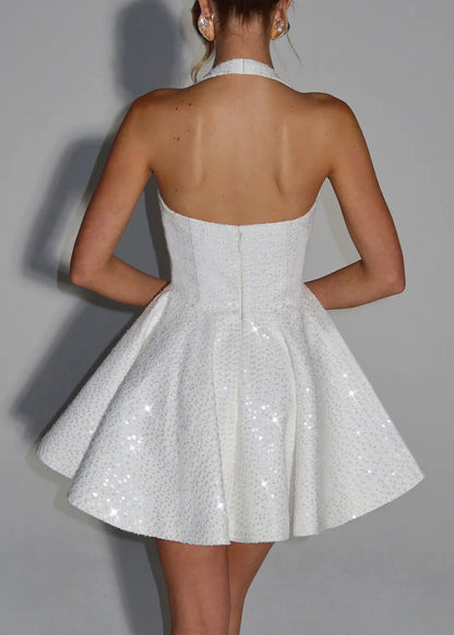 Style White Sequins Bow Mid Dress Sleeveless