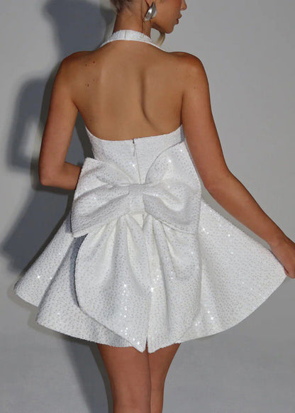 Style White Sequins Bow Mid Dress Sleeveless