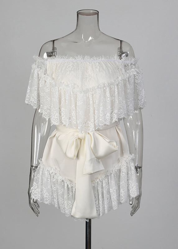 Style White Slash Neck Patchwork Lace Mini Dresses Summer