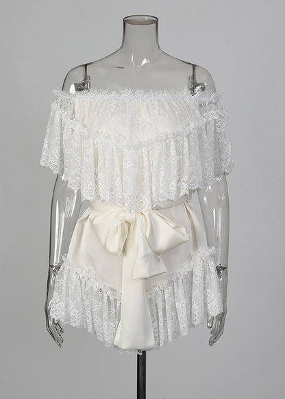 Style White Slash Neck Patchwork Lace Mini Dresses Summer