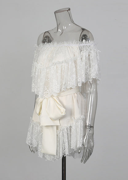 Style White Slash Neck Patchwork Lace Mini Dresses Summer