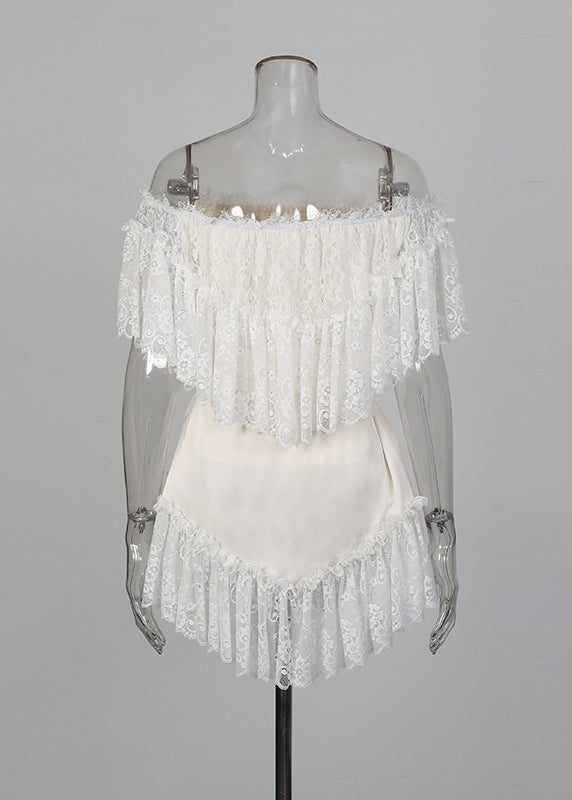 Style White Slash Neck Patchwork Lace Mini Dresses Summer