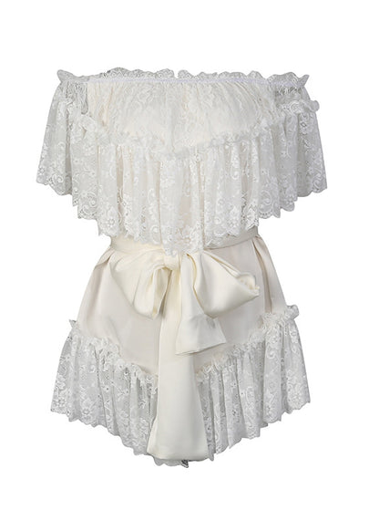 Style White Slash Neck Patchwork Lace Mini Dresses Summer