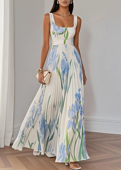 Style White Square Collar Print Patchwork Chiffon Dresses Summer