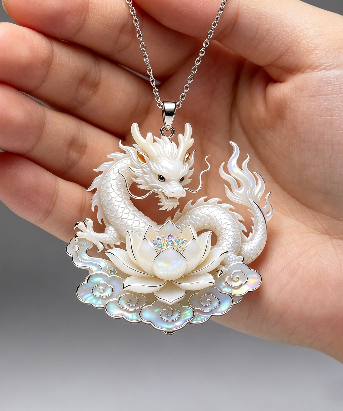 Style White Stainless Steel Auspicious Clouds Lotus Divine Dragon Pendant Necklace