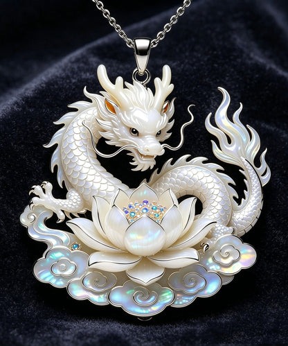 Style White Stainless Steel Auspicious Clouds Lotus Divine Dragon Pendant Necklace
