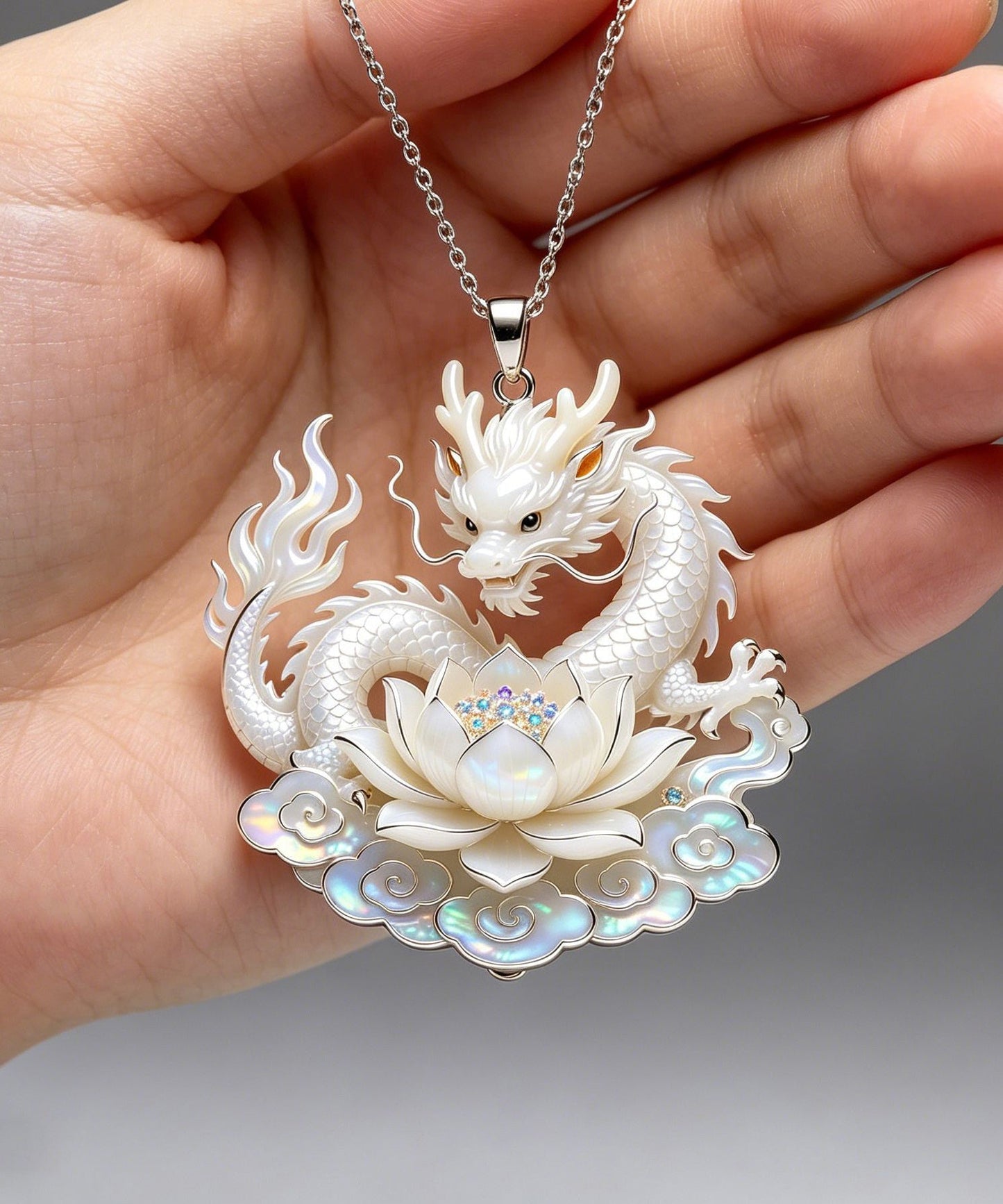 Style White Stainless Steel Auspicious Clouds Lotus Divine Dragon Pendant Necklace