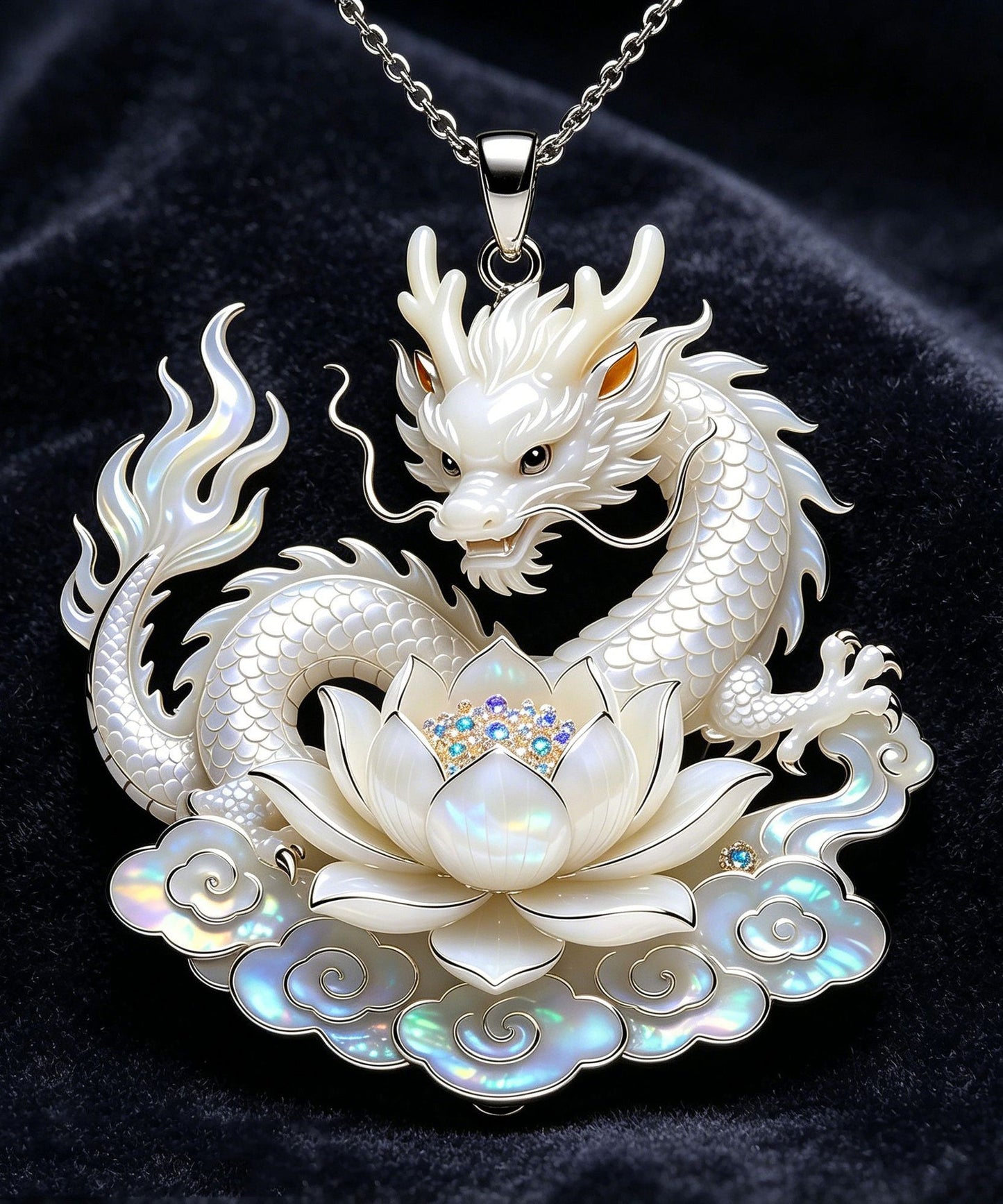 Style White Stainless Steel Auspicious Clouds Lotus Divine Dragon Pendant Necklace