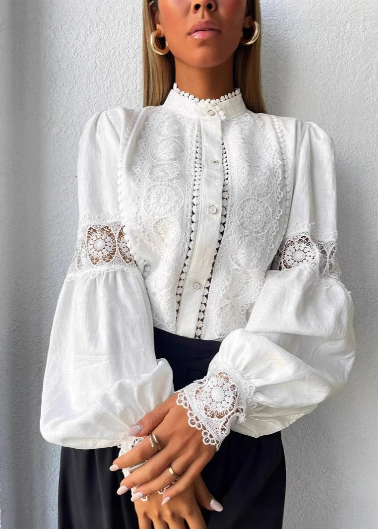 Style White Stand Collar Patchwork Lace Top Lantern Sleeve
