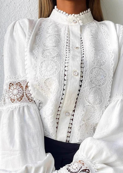 Style White Stand Collar Patchwork Lace Top Lantern Sleeve