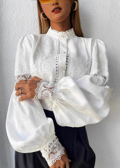 Style White Stand Collar Patchwork Lace Top Lantern Sleeve
