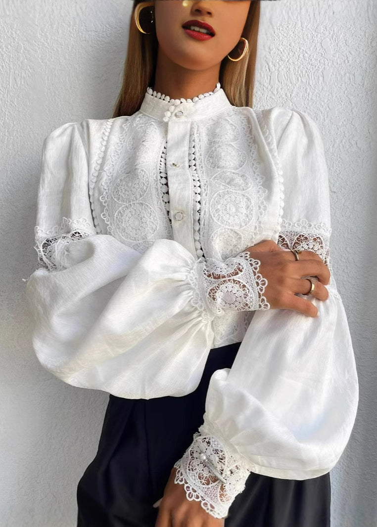Style White Stand Collar Patchwork Lace Top Lantern Sleeve