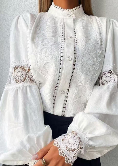 Style White Stand Collar Patchwork Lace Top Lantern Sleeve