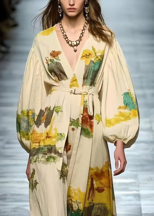 Style White Tie Waist Print Cotton Maxi Dresses Spring