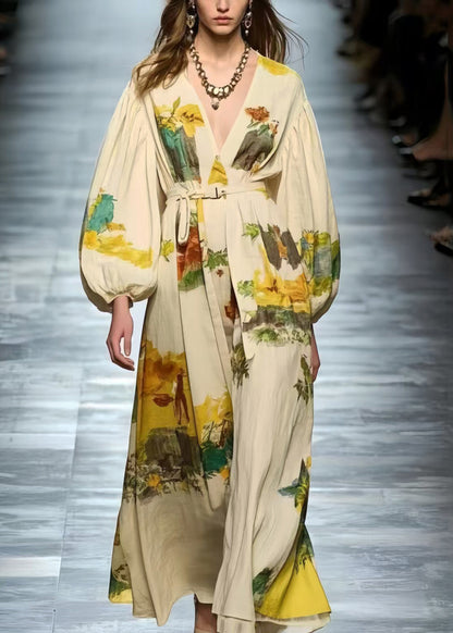 Style White Tie Waist Print Cotton Maxi Dresses Spring