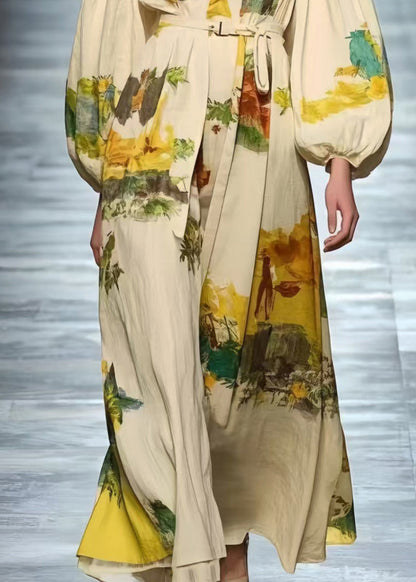 Style White Tie Waist Print Cotton Maxi Dresses Spring