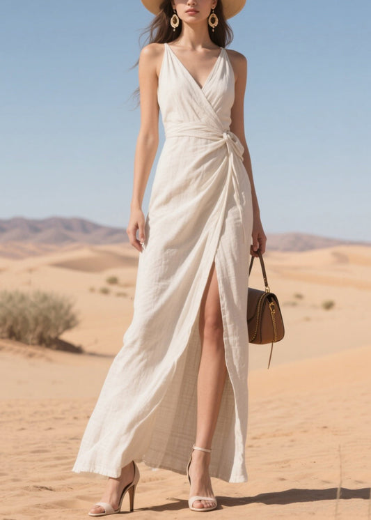 Style White Tie Waist Side Open Cotton Cami Dress Summer