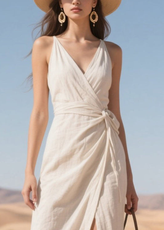 Style White Tie Waist Side Open Cotton Cami Dress Summer