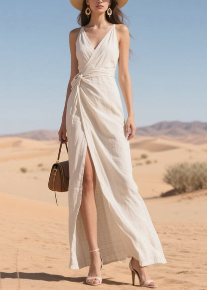 Style White Tie Waist Side Open Cotton Cami Dress Summer