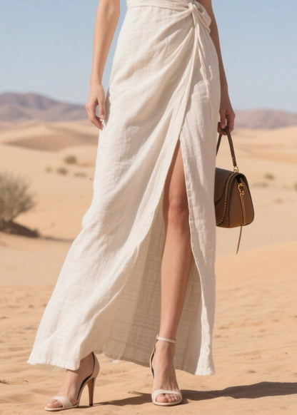 Style White Tie Waist Side Open Cotton Cami Dress Summer