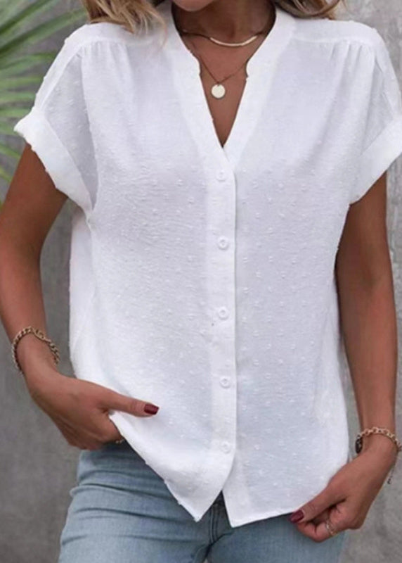 Style White V Neck Button Jacquard Cotton Tops Summer