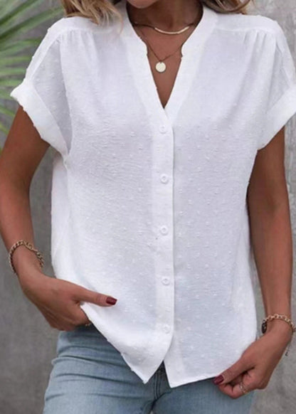 Style White V Neck Button Jacquard Cotton Tops Summer