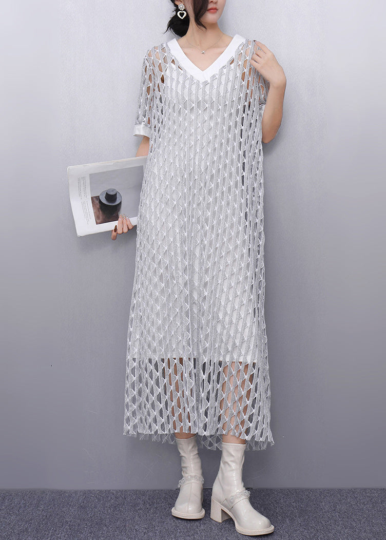 Style White V Neck Hollow Out Sheer Dresses Summer