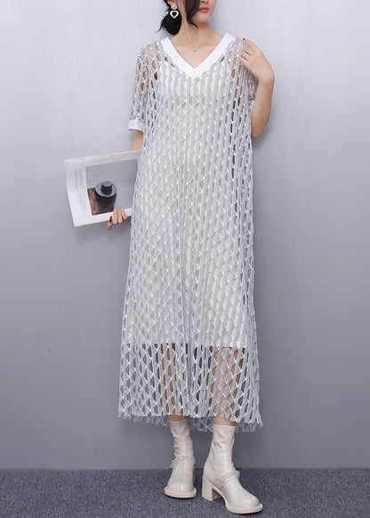 Style White V Neck Hollow Out Sheer Dresses Summer