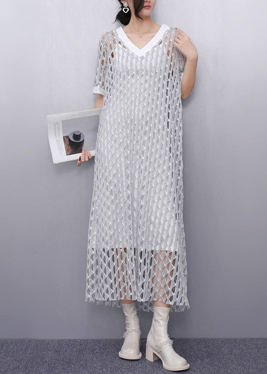 Style White V Neck Hollow Out Sheer Dresses Summer