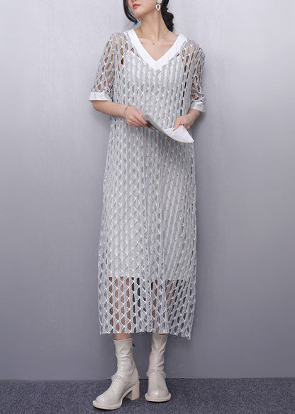 Style White V Neck Hollow Out Sheer Dresses Summer