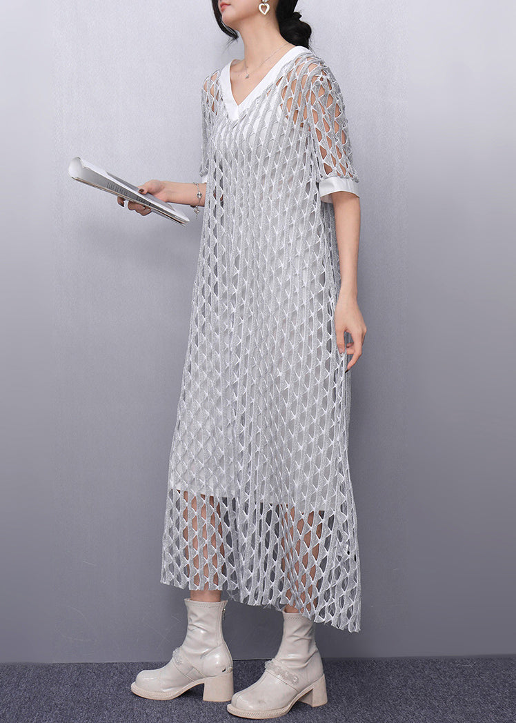 Style White V Neck Hollow Out Sheer Dresses Summer