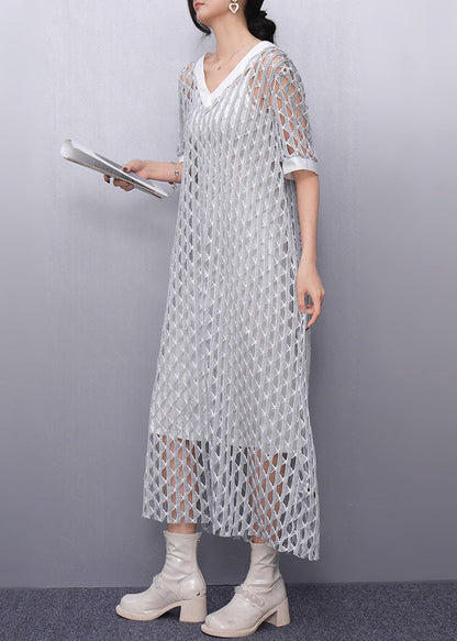 Style White V Neck Hollow Out Sheer Dresses Summer