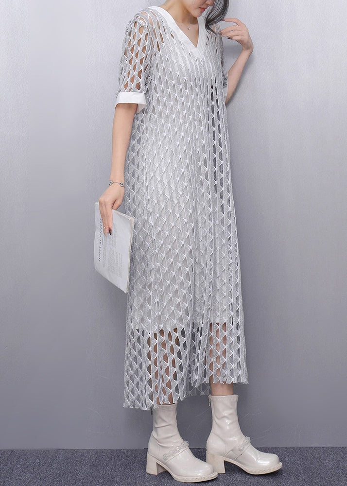 Style White V Neck Hollow Out Sheer Dresses Summer