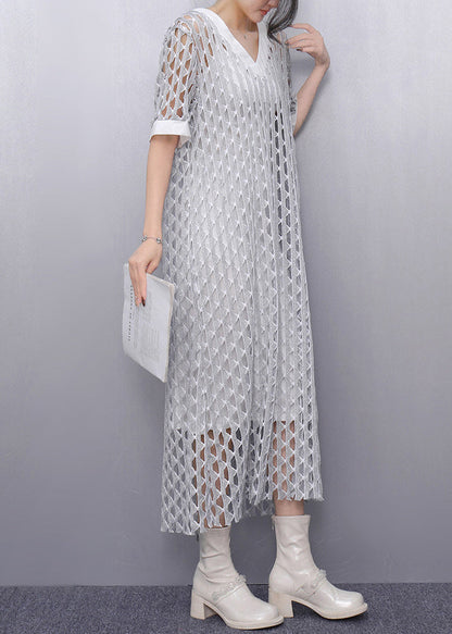 Style White V Neck Hollow Out Sheer Dresses Summer