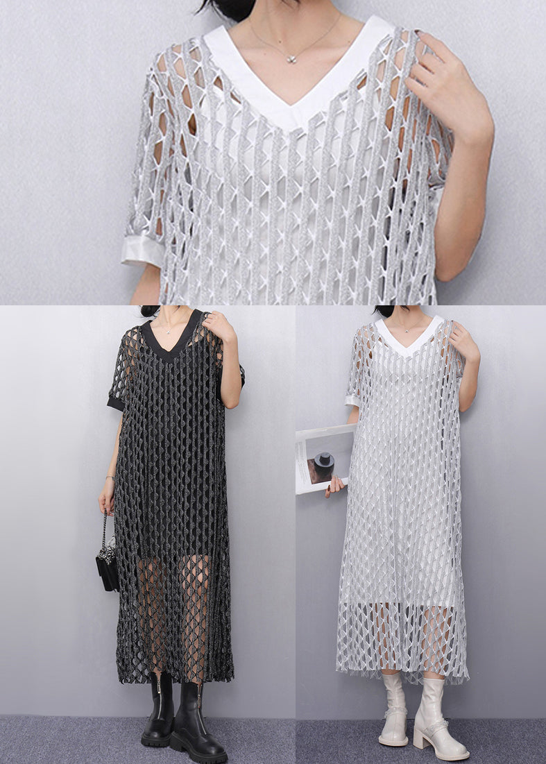 Style White V Neck Hollow Out Sheer Dresses Summer