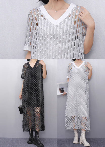 Style White V Neck Hollow Out Sheer Dresses Summer