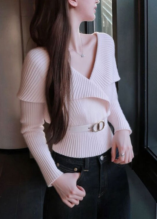 Style White V Neck Patchwork Knit Sweater Tops Spring