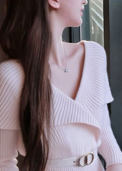 Style White V Neck Patchwork Knit Sweater Tops Spring